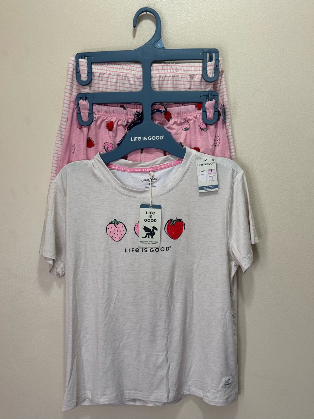 Life is Good Women's Pink Strawberry 3 Piece Pajama Set